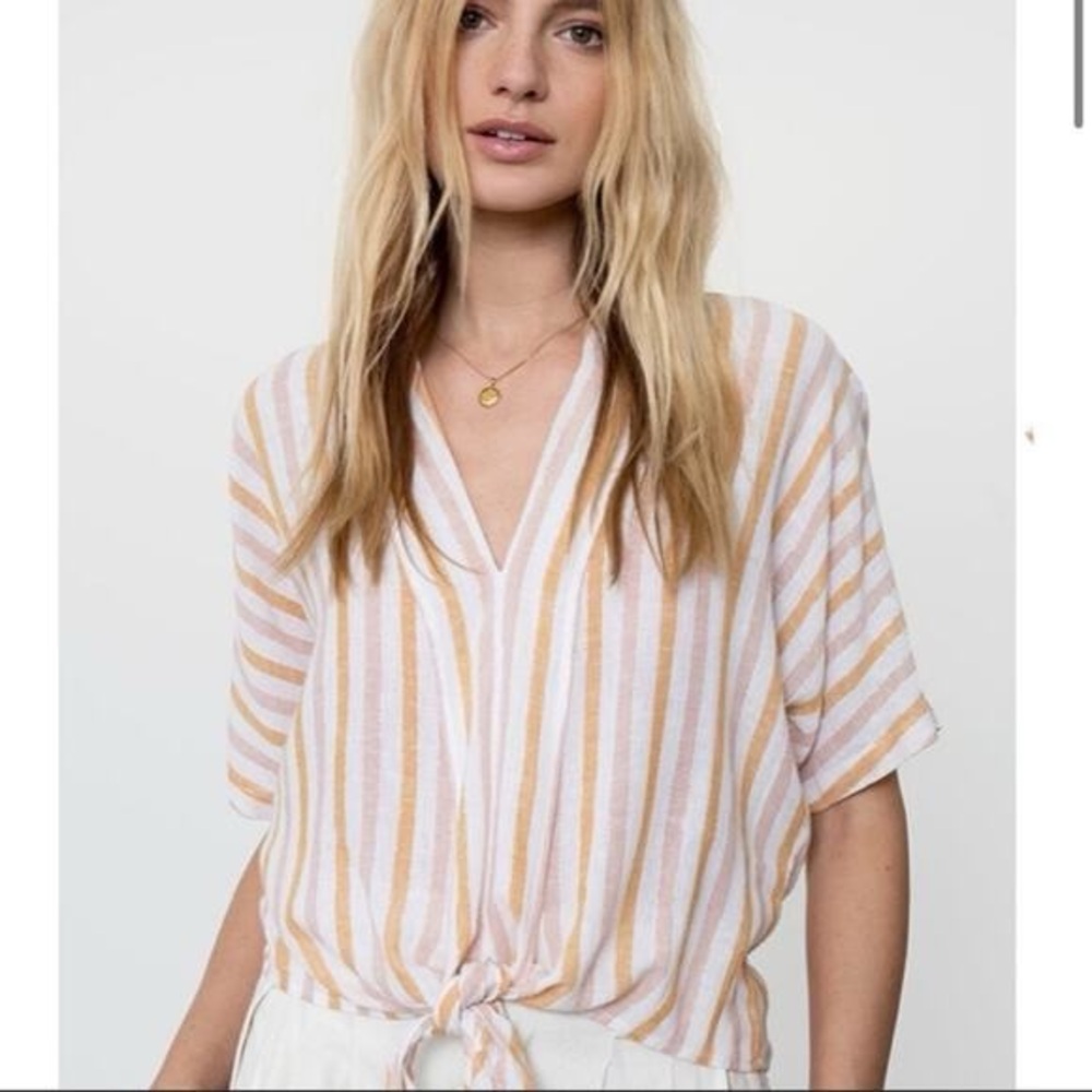 Rails Cream and Tan Striped Tie-Front linen‎ Blouse v-neck size S - Picture 2 of 11